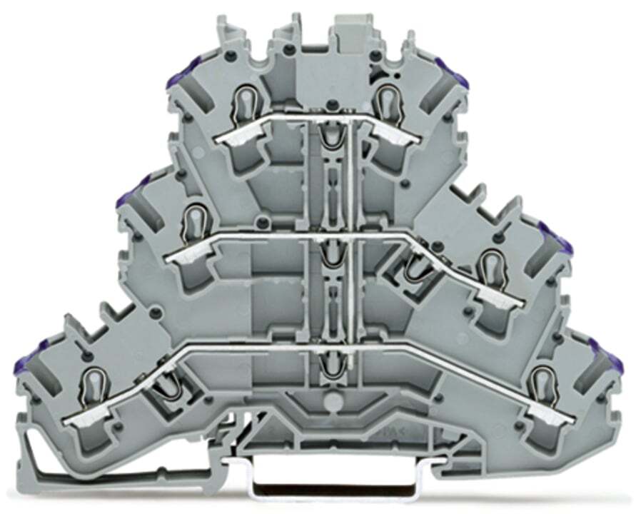 Triple-deck terminal block; 6-conductor through terminal block; L; without marker carrier; suitable for Ex e II applications; internal commoning; conductor entry with violet marking; for DIN-rail 35 x 15 and 35 x 7.5; 2.5 mm; Push-in CAGE CLAMP; 2,50 mm; gray