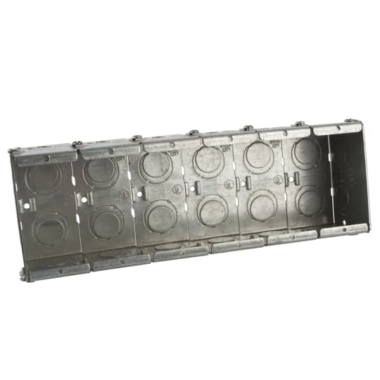 Gangable Masonry Box, 94.8 Cubic Inches, 3-3/4 Inches Long x 11 Inches Wide x 2-1/2 Inches Deep, 1/2 Inch and 3/4 Inch Knockouts, Pre-Galvanized Steel, For use with Conduit