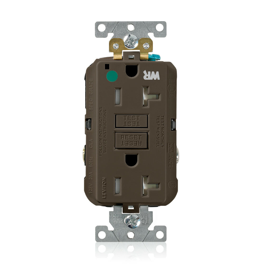 20 Amp, 125 Volt, SmartlockPro Self-Test GFCI Duplex Receptacle , NEMA 5-20R, 2P, 3W, Extra-Heavy Duty Hospital Grade, Weather & Tamper-Resistant, 20A Feed-Through, Back or Side Wired - BROWN