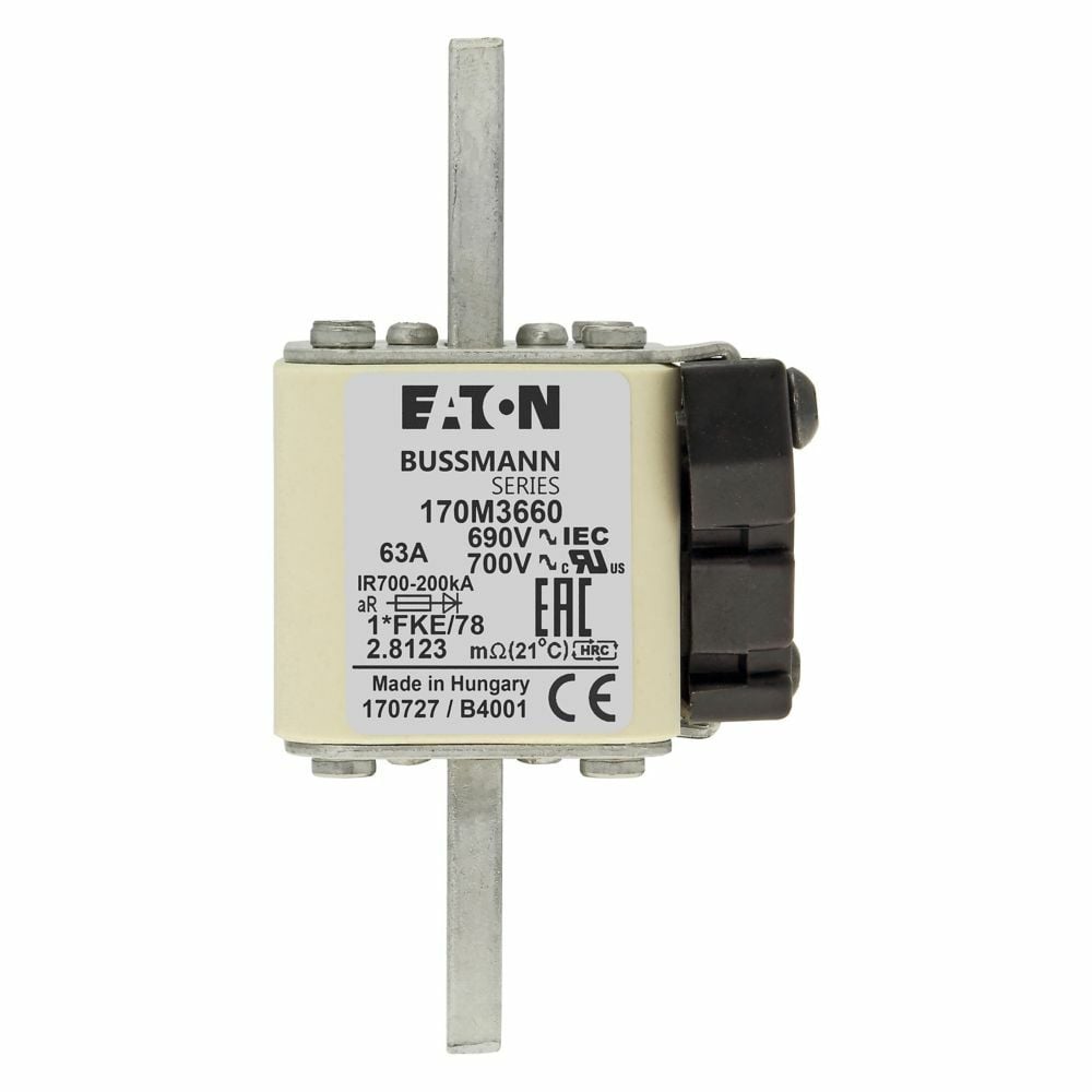 Eaton Bussmann series high speed square body fuse, 700V (UL), 690V (IEC), 63A, 200 kAIC, Top fuse status indicator, Fuse, Blade end X blade end, Class aR