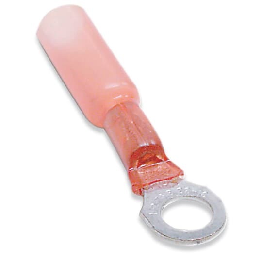 Heat Shrinkable Ring Terminal, Length 1.26 Inches, Width .31 Inches, Maximum Insulation .170, Bolt Hole #8, Wire Range #22-#18 AWG, Color Red, Copper, Tin Plated