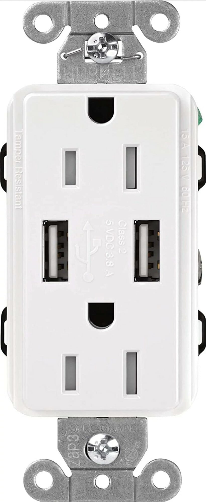 Lutron Claro USB Type A 2.0 Duplex Receptacle, 15 Amp, White