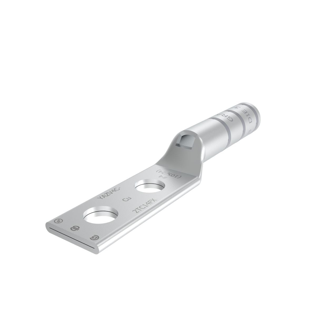 4 Flex G,H,I,K,M,DLO, 4 AWG CU, Two Hole, 1/4 Stud Size, 5/8 Hole Spacing, Long Barrel, Inspection Window, Internal Chamfer, Tin Plated, UL/CSA, 90?C, Up to 35kV, Gray Color Code, 8 or 346 Die Index.