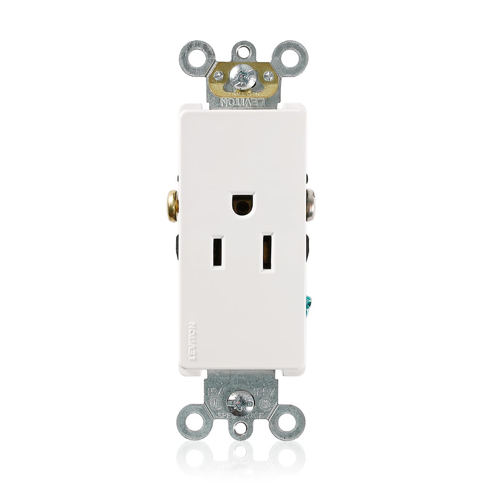 15 Amp, 125 Volt, NEMA 5-15R, 2P, 3W, Decora Plus Single Receptacle, Straight Blade, Commercial Grade, Self-Grounding, , , Side Wired, Steel Strap, - WHITE