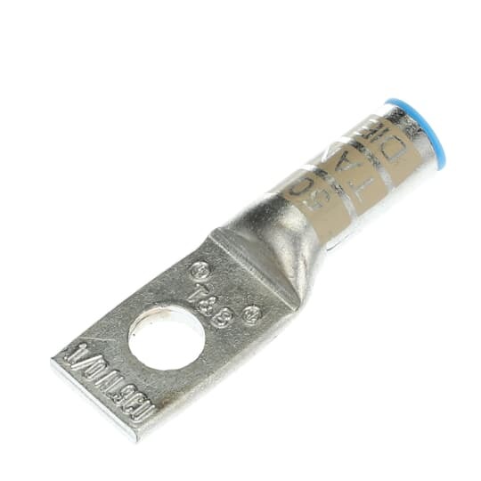 Aluminum One-Hole Lug, Long Barrel, Blind End, Max 35kV, 1/0 AWG Wire, 1/2 Inch Bolt Size, Tin Plated, Die Code 50, Die Color Code Tan