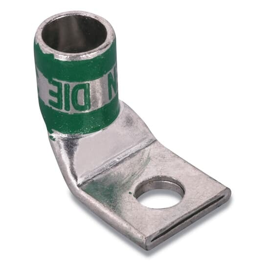 Copper One-Hole Lug, 90 Degree Bend Standard Barrel, Peep Hole, Max 35kV, 4/0 Flex Wire, 1/4 Inch Bolt Size, Tin Plated, Die Code 62, Die Color Code Yellow