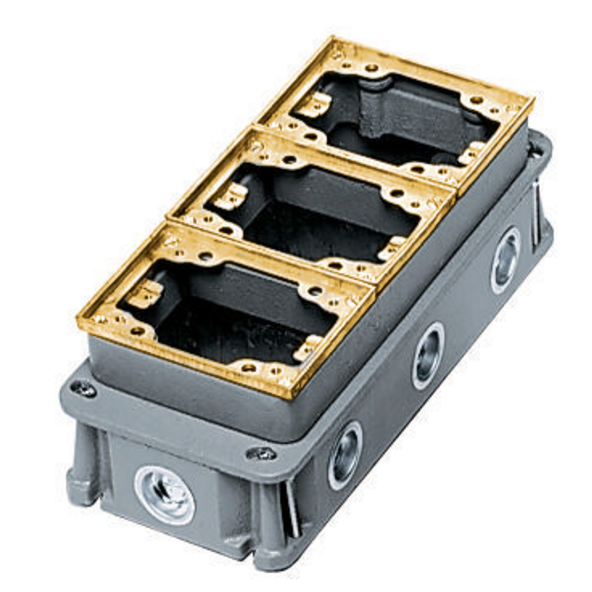Flush Concrete Floor Box Series, 3-Gang, Rectangular Cast Iron Box, Deep, Fully Adjustable, Brass Top