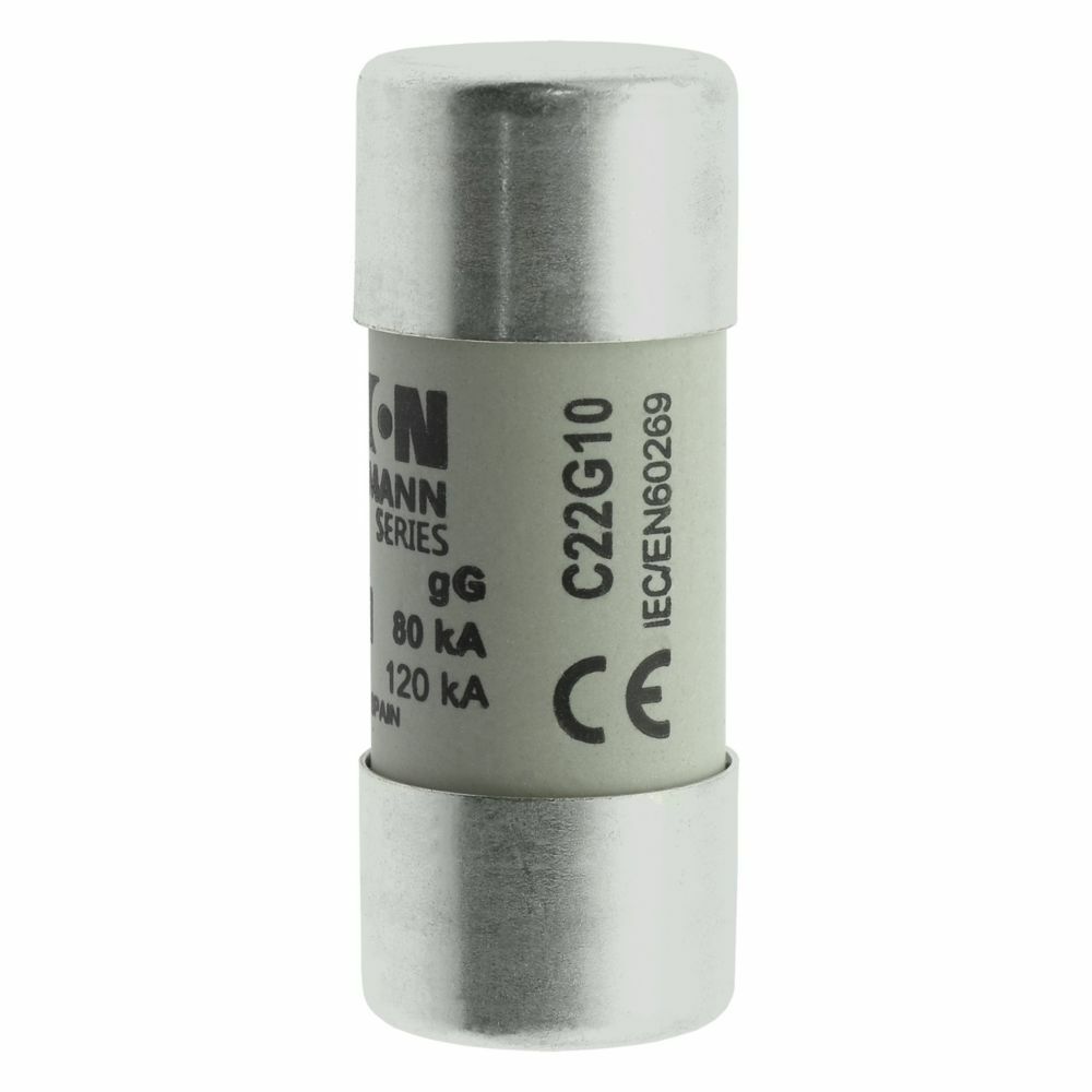 Eaton Bussmann series low voltage 22 x 58 mm cylindrical/ferrule fuse, rated at 690 Volts AC, 10 Amps, 80 kA Breaking capacity, class gG/gL, without indicator, compatible with a CH22 Modular fuse holder