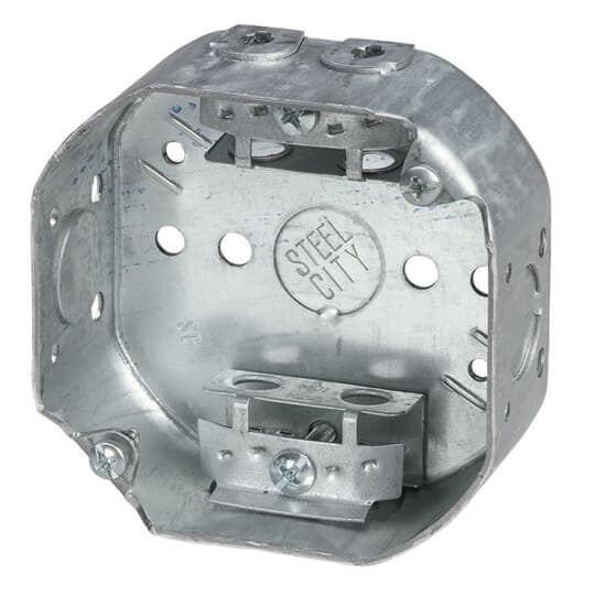 Octagon Box, 15.8 Cubic Inches, 4 Inch Diameter x 1-1/2 Inches Deep, 1/2 Inch Knockouts, Pre-Galvanized Steel, Drawn Construction, with Armored Cable Clamps (C-3), For use with Armored/Metal Clad Cable
