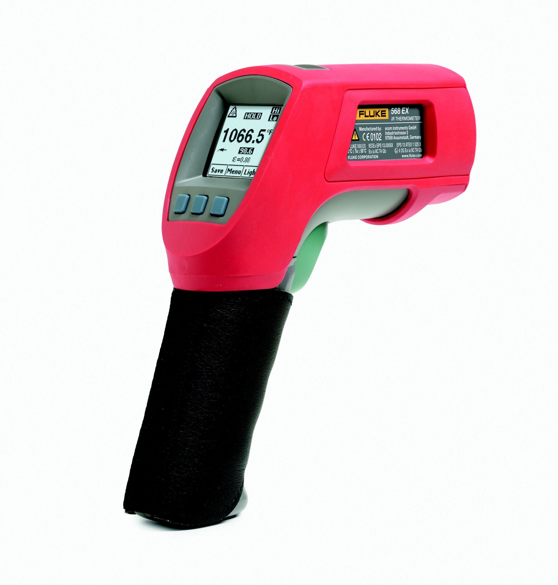 568 Series Infrared And Contact Thermometer, Temperature Range: -40 To 800 DEG C, Accuracy: Less Than 0 DEG C (32 DEG F): Plus/Minus (1.0 DEG C (Plus/Minus 2 DEG F) Plus 0.1/1 DEG C or DEG F)  Greater Than 0 DEG C (32 DEG F): Plus/Minus 1 PCT or Plus/Minus 1 DEG C (Plus/Minus 2 DEG F), whichever is greater, Resolution: 0.1 DEG C, Spectral Response: 8 - 14 MIC-MR, Laser Sighting: Single Point Laser Less Than 1 MILW Output Class 2 (II) Operation, 630 - 670 NMTR, Response Time: Less Than 500 MS, Emissivity: By Built-In Table Of Common Materials Or Digitally Adjustable From 0.10 To 1.00 By 0.01, Display: Dot Matrix 98 X 96 Pixels With Function Menus, Alarm: High/Low Audible And Two-Color Visual, Data Logging: Yes, Trigger: Lock Mechanism, Battery Type: (2) AA/LR6 And USB When Used With A PC, Laser And Backlight ON 12 HR  Laser And Backlight Off 100 HR, Dimensions: 6.965 IN Height X 6.441 IN Length X 2.039 IN Width
