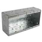 Four Gang Shallow Masonry Box, 64.0 Cubic Inches, 3-3/4 Inches Long x 7-3/8 Inches Wide x 2-1/2 Inches Deep, 1/2 Inch and 3/4 Inch Concentric Knockouts, Galvanized Steel, Welded Construction, For use with Conduit