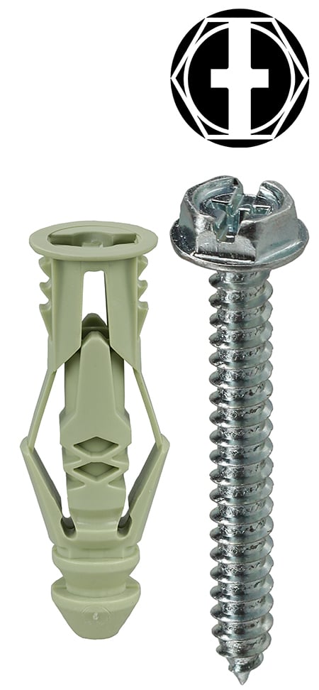 Anchor Kit, #12 x 1-1/2 IN Size, 101 pieces, Nylon material, 3/8 in. drill size, includes (50) #12 Green Triple Grip Anchor and (50) #12 x 1-1/2 IN Hex/Slotted Head Sheet Metal Screw and (1) Carbide Masonry Drill