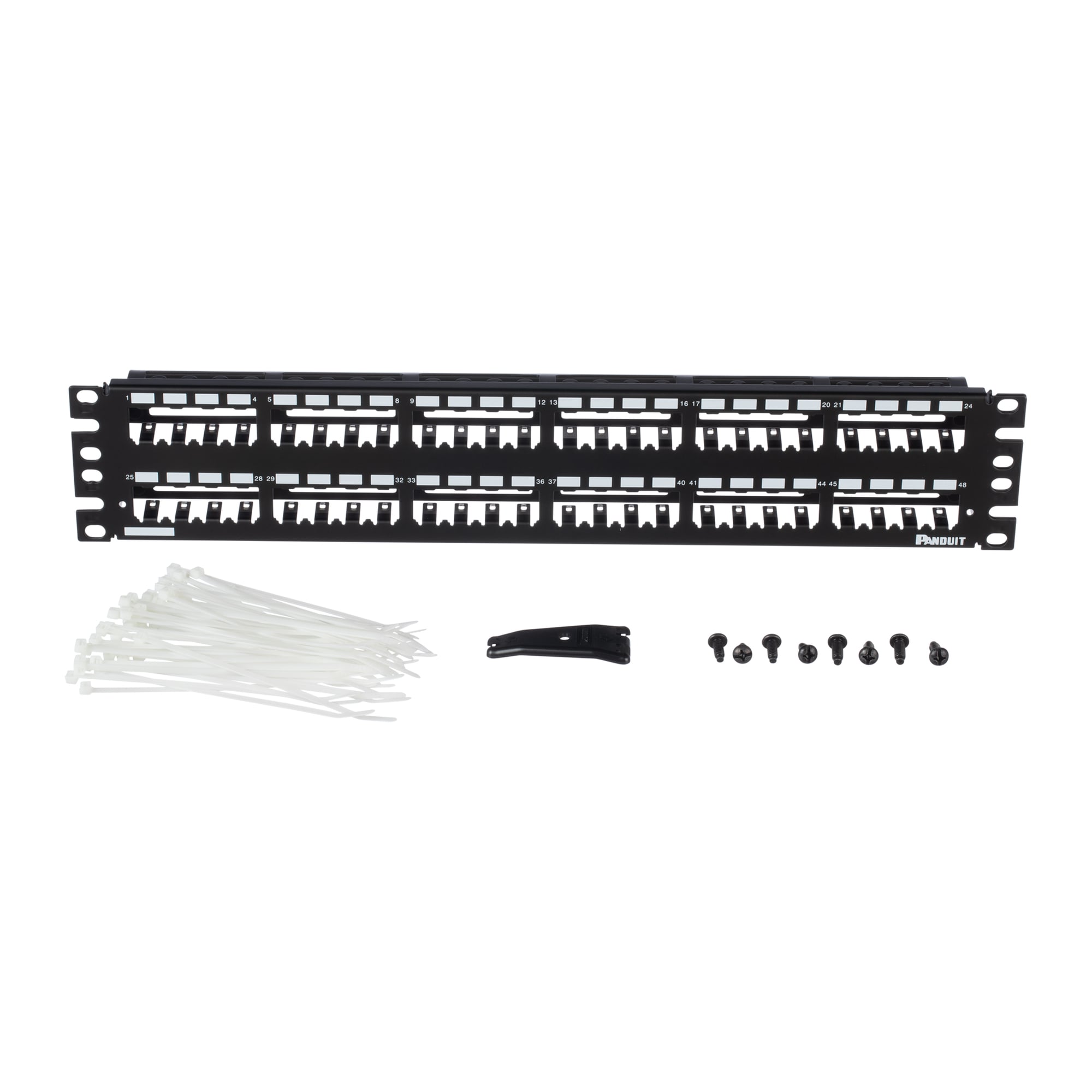 CP48WSBLY Mini-Com PanNet 2RU All Metal Flat Shielded Modular Patch Panel With Black Built-In Strain Relief Bar, 48 Ports, Stainless Steel