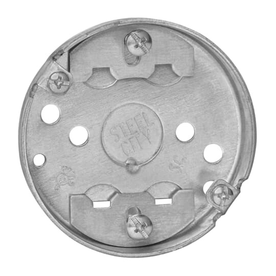 Round Box, 4 Cubic Inches, 3-1/4 Inch Diameter, 1/2 Inch Deep, Pre-Galvanized Steel, Drawn Construction with 1/2 Inch Knockouts, with Non-Metallic Sheathed Cable Clamp (C-8), pack of 25, for Retail