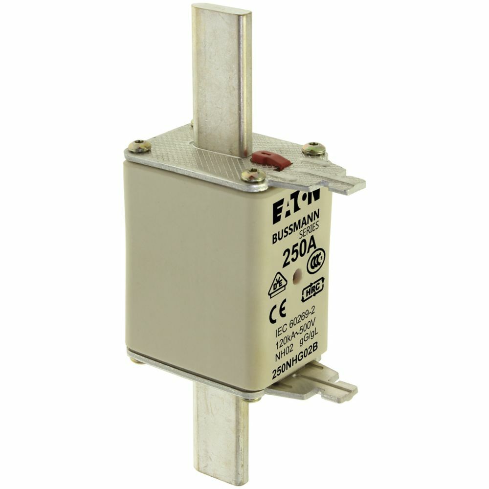Eaton Bussmann series low voltage NH Fuse, Live gripping lug, 500V, 250A, 120 kAIC, Combination fuse status indicator, Blade end connection, Class C gL/gG, Square-body with knife blade contact, Metal plated copper contact plate
