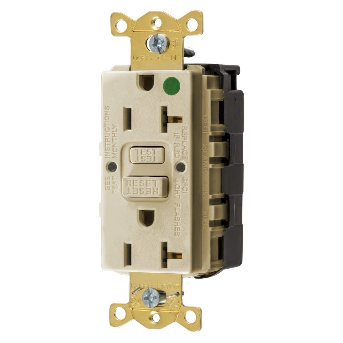 Straight Blade Devices, Receptacle, GFCI, SnapConnect, Commercial Hospital Grade, Self Test, 20A 125V, 2-Pole 3- Wire Grounding, 5-20R, Ivory.