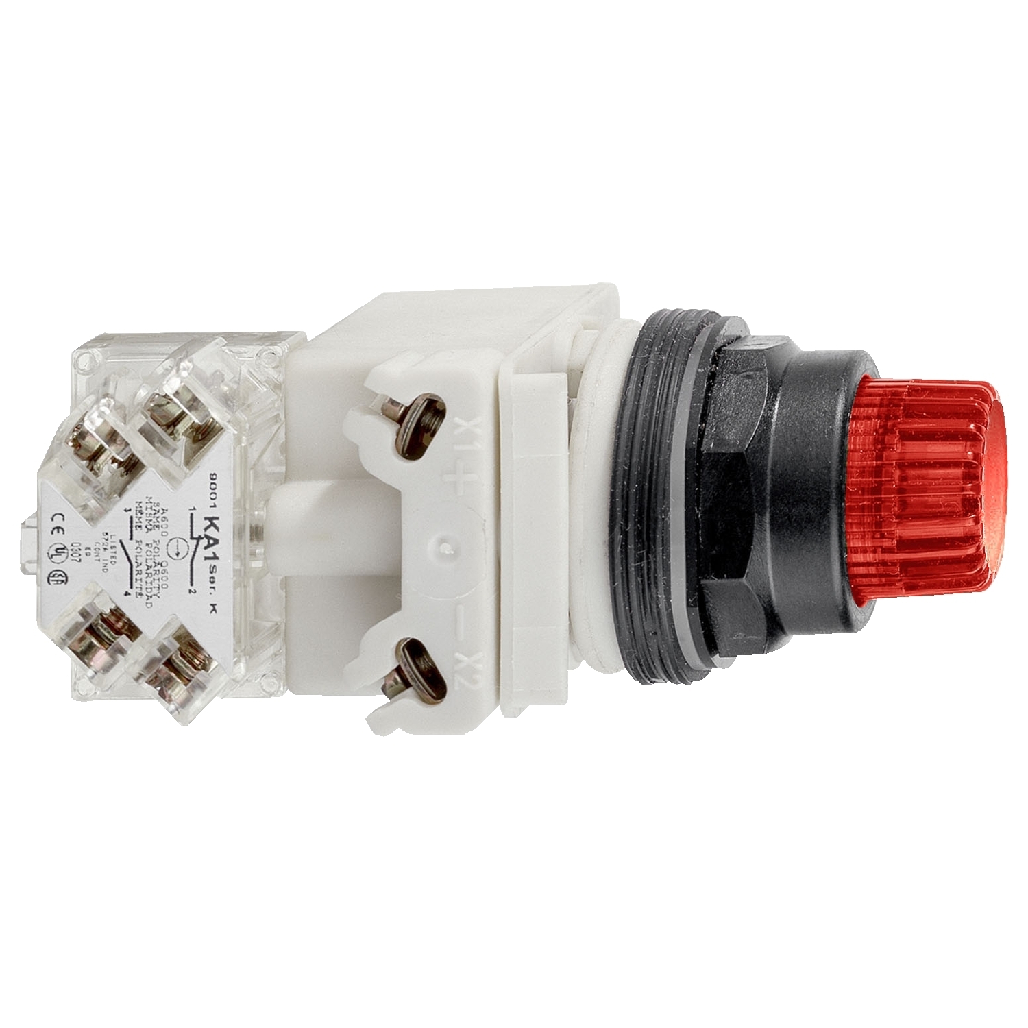 Illuminated push-button head, Harmony 9001SK, plastic, projecting, red, 30mm, spring return, LED red, 24-28V