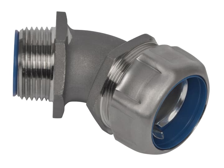3/4 Inch Liquidtight Fitting for Flexible Metallic Conduit, 45 Degree, UL/CSA Listed, High UV Resistance, NEMA Ratings: 3, 3R, 4, 4X, Length 2.70 Inches/68.58mm, Width 1.64 Inches/41.66mm, Height 2.10 Inches/53.34mm, Temperature Range 0 to 105 Degrees C, 316 Stainless Steel with Duraplated Ground Cone