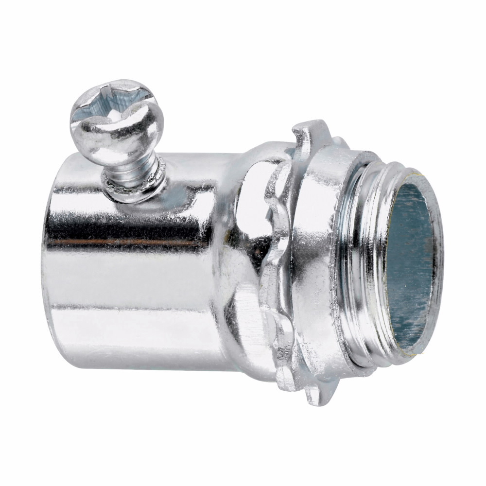 Eaton Crouse-Hinds series EMT set screw type connector, EMT, Straight, Non-insulated, Steel, Two tightening screws, 1-1/2"