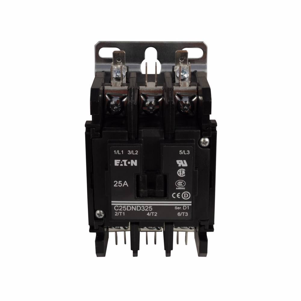 Eaton definite purpose contactor, Quick, 25A, 110-120 Vac, 50/60 Hz, 1NO, Open with metal mounting plate, 15-50A, two- and three-pole, 25A, Contactor, Three-pole, 35A, Screw/pressure plate and quick connect terminals (side-by-side)