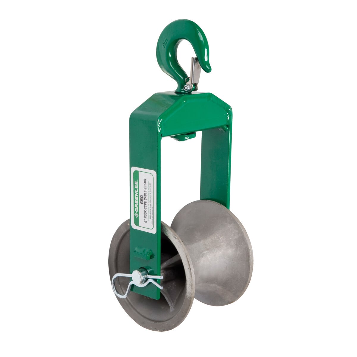 Hook-Type Sheave 4,000 Pound Capacity.  6" (152.4 mm) hook sheave with 1-1/2" (38.1 mm) minimum radius.  Strong, welded steel frames.  Forged steel closure-type hooks with 1" (25.4 mm) opening.  5" (127 mm) wide aluminum alloy sheaves with self-lubricating bearings.  Select a sheave with a maximum rated capacity that meets or exceeds the cable puller's maximum pulling force.