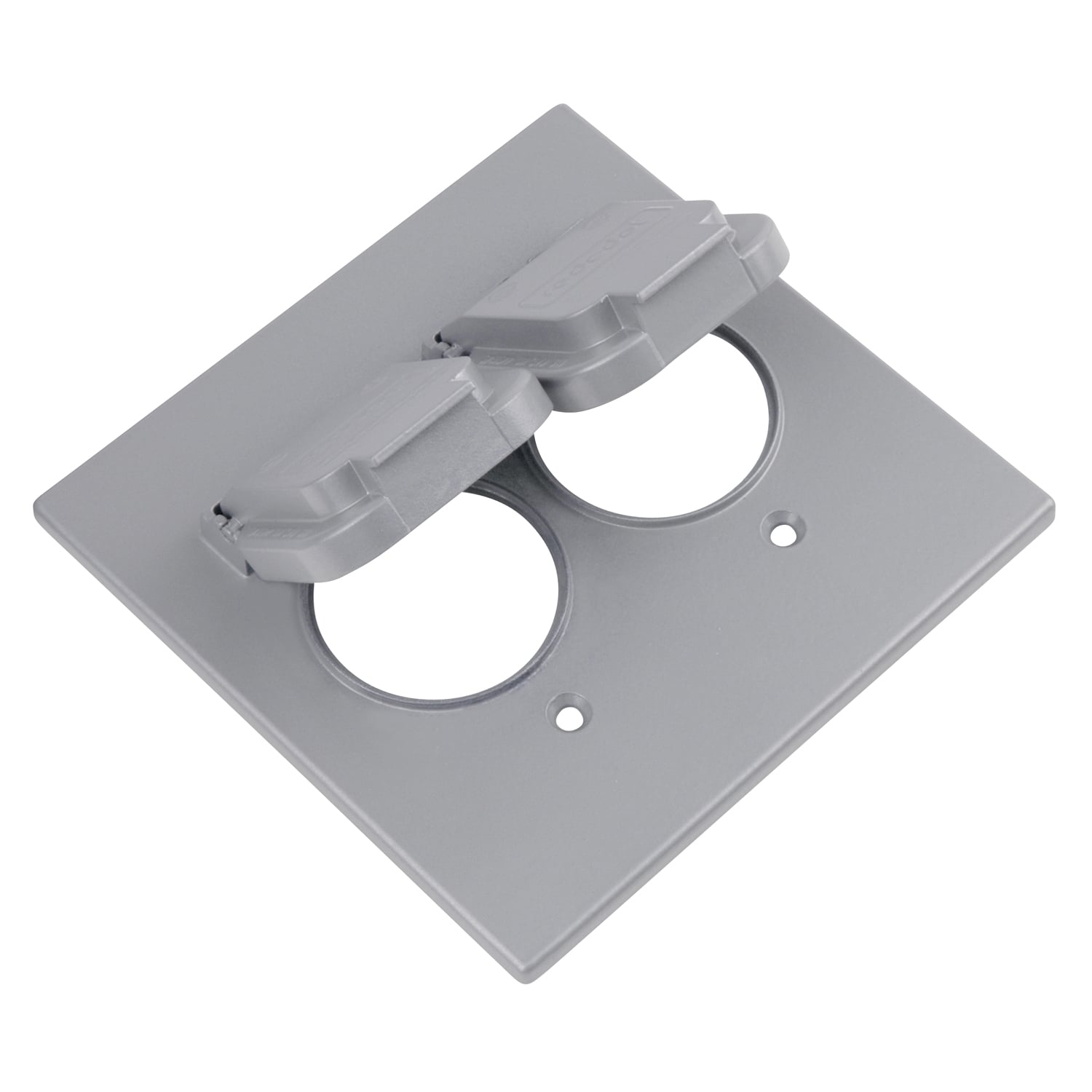 Two Gang Weatherproof Receptacle Cover, Silver, Zinc Alloy, 2 Single Receptacles with 1.485 Inch Openings, Device Mount