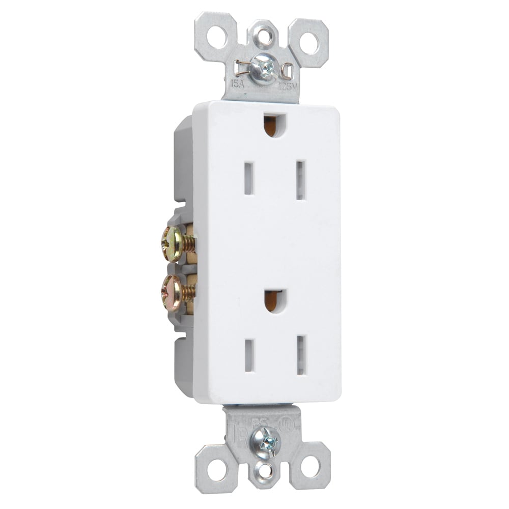 Decorator Tamper-Resistant Receptacle. 15 amp, 125 volt, White. Self Grounding.