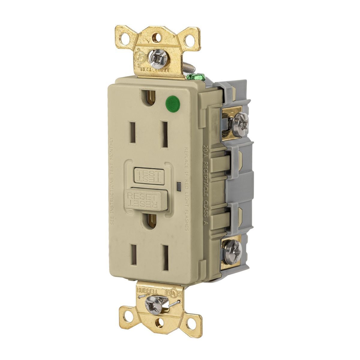 Straight Blade Devices, Receptacle, GFCI, Commercial Hospital Grade, Self Test, 15A 125V, 2-Pole 3-Wire Grounding, 5-15R, Ivory