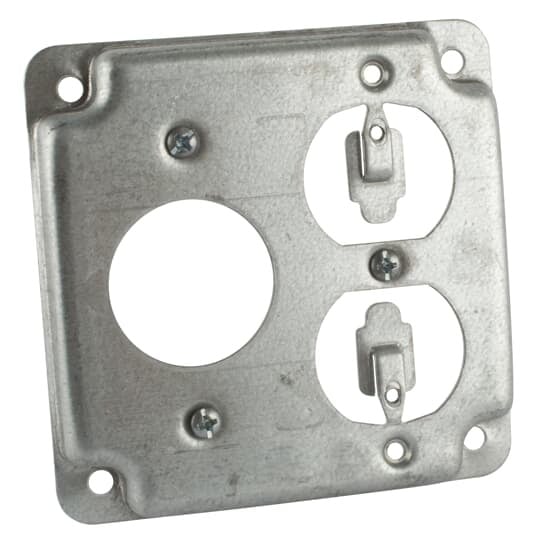 Square Box Surface Cover, 5 Cubic Inches, 4 Inch Square x 1/2 Inch Deep, 1-13/32 Inch Diameter Hole, Galvanized Steel, For use with One Single and One Duplex Flush Receptacle