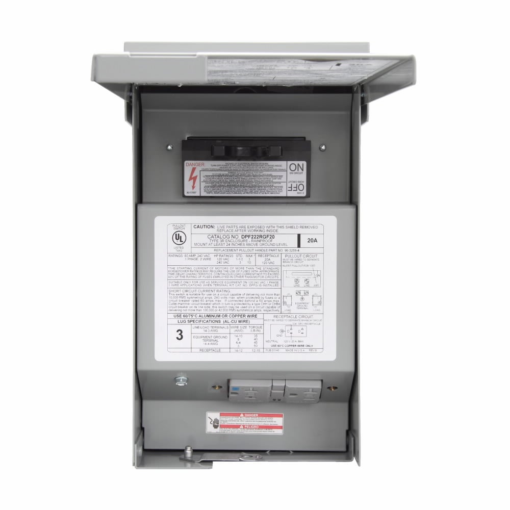 Eaton air conditioning disconnect, 60A FUSED, Metallic, 20A WRTR GF Self-Test