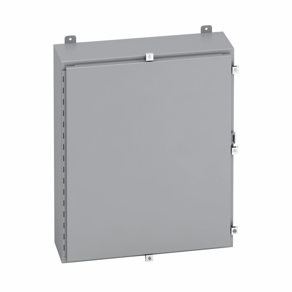 Eaton B-Line series wall mounted panel enclosure, 16" height, 6" length, 12" width, NEMA 4, Hinged cover, 4 enclosure, Wall mount, Small single door, External mounting feet, Carbon steel, Seamless poured in-place gasket