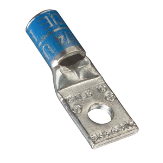 Copper One-Hole Lug, Short Barrel, Max 35kV, 6 Str. Wire, 3/8 Bolt Size, Tin Plated, Die Color Code Blue