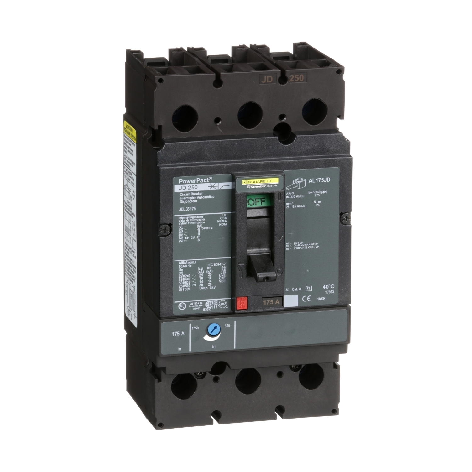 Circuit breaker, PowerPacT J, 175A, 3 pole, 600VAC, 14kA, lugs, thermal magnetic, 80%