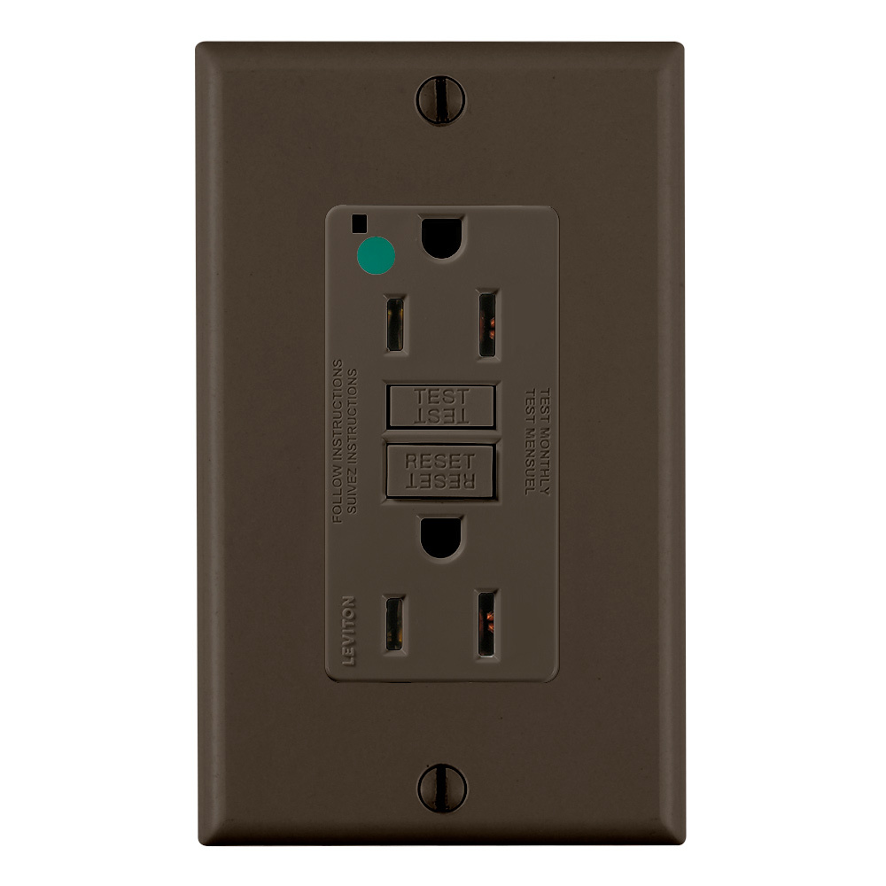 15 Amp, 125 Volt, SmartlockPro Slim Self-Test GFCI Receptacle, Extra-Heavy Duty Hospital Grade, NEMA 5-15R, 20A Feed-Through, 2P, 3W, Matching Wallplate Included - BROWN