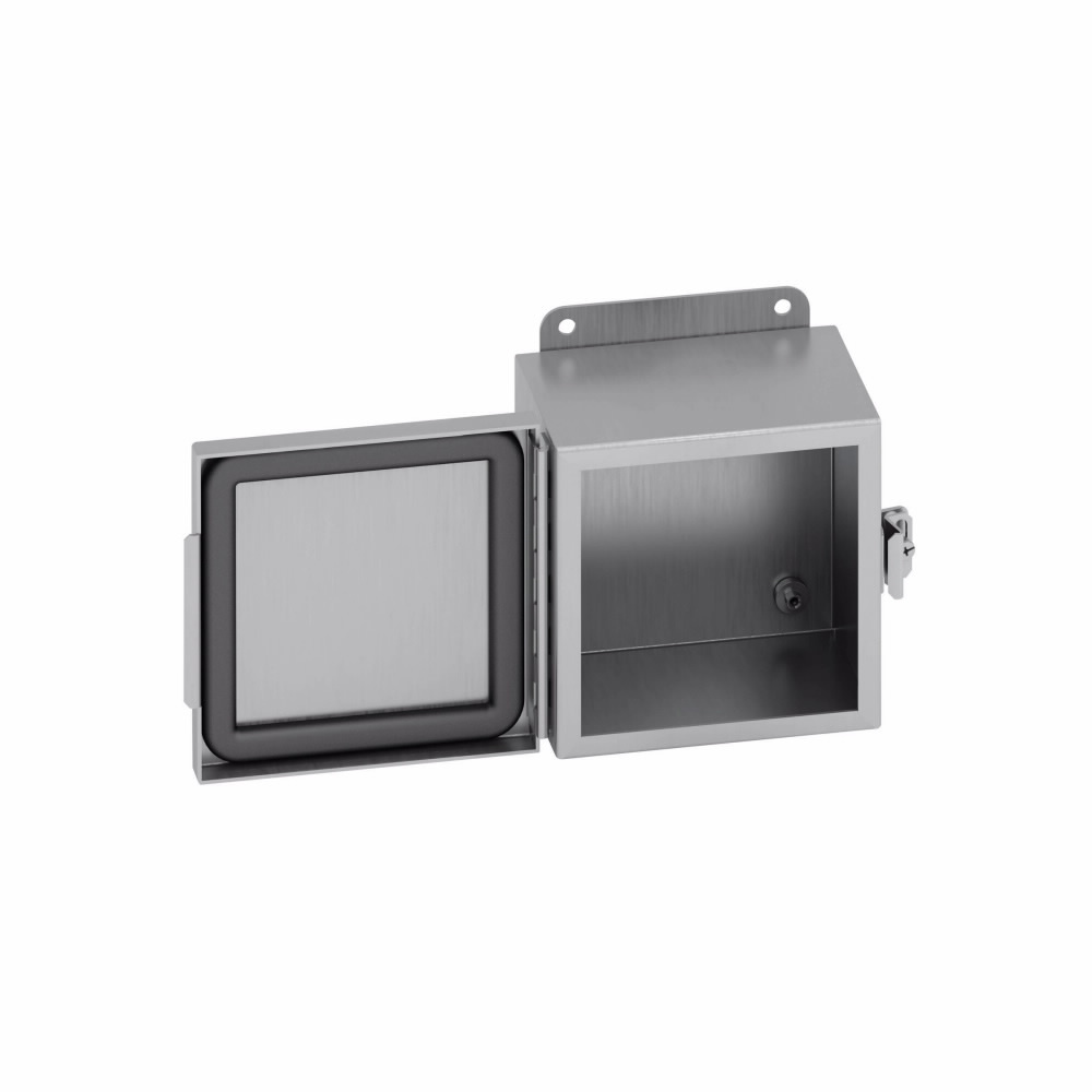 Eaton B-Line series JIC panel enclosure, 10" height, 4" length, 8" width, NEMA 4X, Hinged cover, 4XSCHC enclosure, Wall mount, Small single door, External mounting feet, 304 stainless steel, Seamless poured in-place gasket