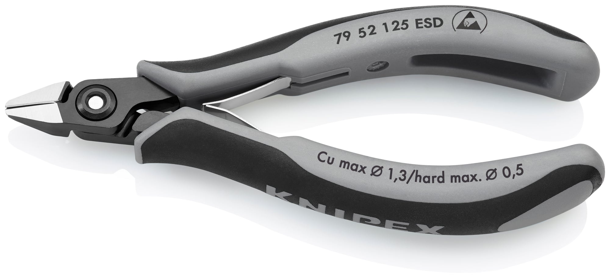 Electronics Diagonal Cutters-ESD Handles, 5 in., Multi-Component, Polished, Semi-Flush with very Small Bevel Cut, Tapered, Up to  1/64 in. Hard Wire
