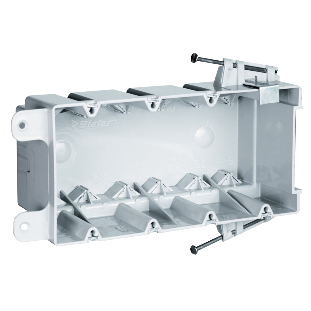 Four Gang Switch and Outlet Box. Captive Mounting Nails on Each End with Quick/Click Entries .Rear Stabilizing bar virtually eliminates inward movement. Six Auto/Clamps each end.25 Pack.