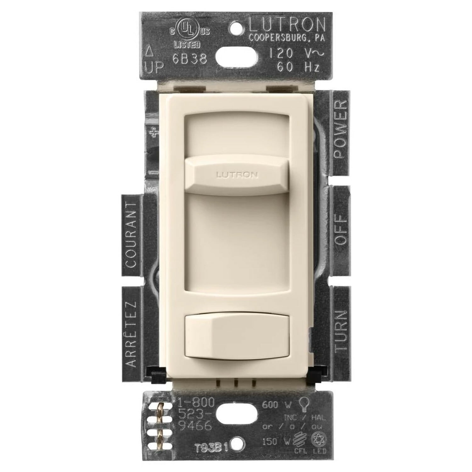 Skylark Contour LED+ Dimmer, Incandescent/Halogen, 3-way/single-pole, 150W LED or 600W inc/hal, clamshell packaging in light almond