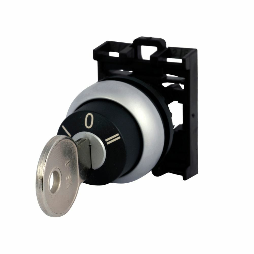 Eaton M22 Modular Three Position Key-Operated Selector Switch, 22.5 mm, Maintained, Key removable center/left, Non-illuminated, Bezel: Silver, Button: Black, MS1, IP66, NEMA 4X, 13, Three-Position, 100,000 Operations