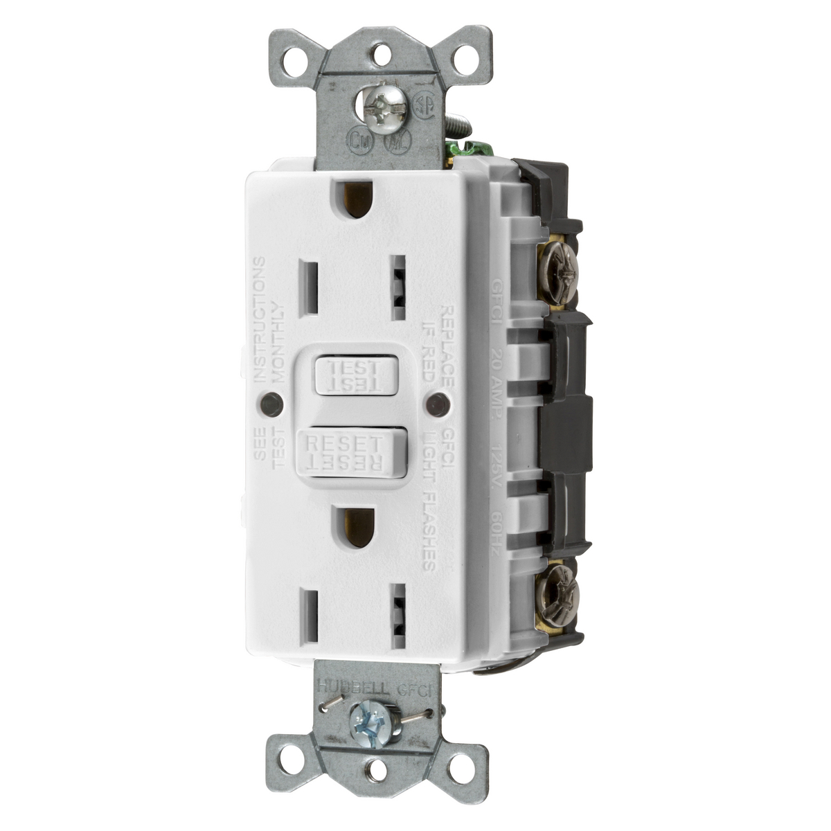 Straight Blade Devices, Receptacle, GFCI, Commercial Grade, Self Test, 15A 125V, 2-Pole 3-Wire Grounding, White, US Product.