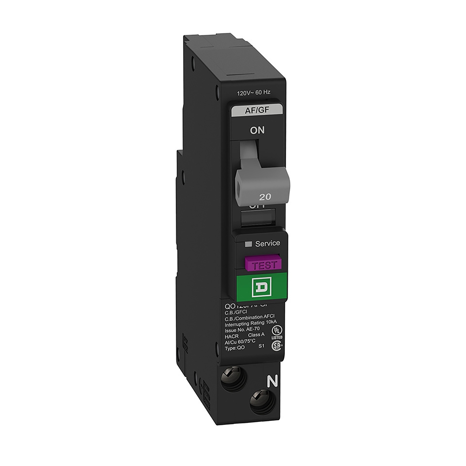 Mini circuit breaker, QO, 20A, 1 pole, 120VAC, 10kA, plug in, combo ARC fault, 6mA grd fault A, plug on neutral, clam [TAA]
