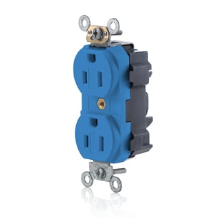 15 Amp, 125 Volt, NEMA 5-15R, 2P, 3W, Narrow Body Duplex Receptacle, Straight Blade, Fed Spec Commercial Grade, Self Grounding, Tamper-Resistant, Modular Terminals, Steel Strap, Lev-Lok - BLUE