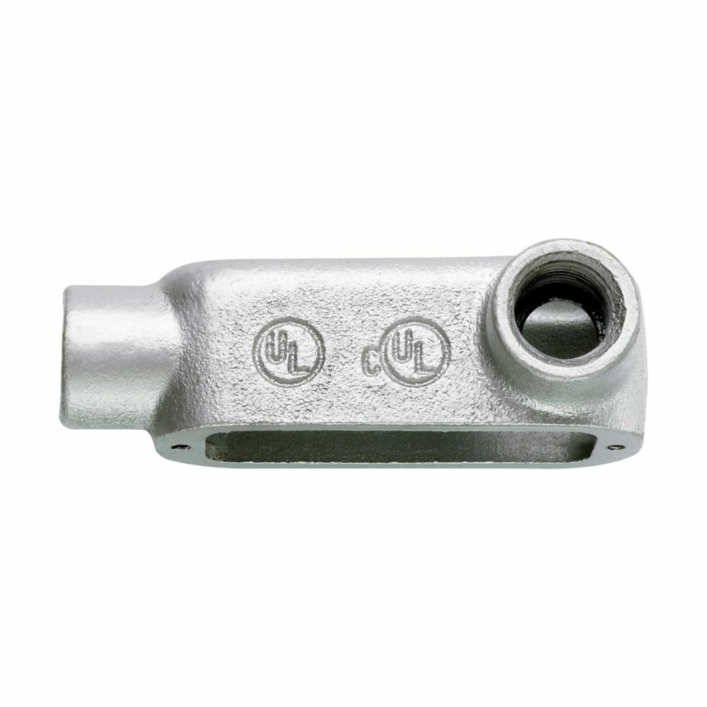 Eaton Crouse-Hinds series Condulet Form 5 conduit outlet body, Malleable iron, LR shape, SnapPack pre-assembled body and integral gasket cover, 1/2"