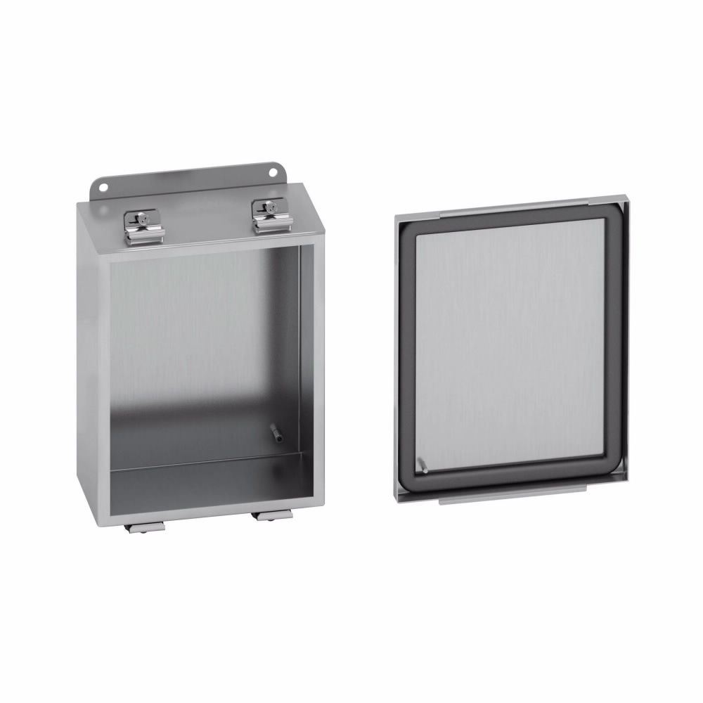 Eaton B-Line series JIC panel enclosure, 4" height, 3" length, 4" width, NEMA 4X, Screw cover, 4XSLC enclosure, Wall mount, Small single door, External mounting feet, 304 stainless steel, Seamless poured in-place gasket