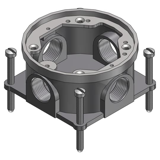 Single Gang Flush Service Floor Box, 15 Cubic Inches, Length 4 Inches, Width 4-1/4 Inches, Depth 2 Inches, Hub Size 3/4 Inches, Cast Iron with Aluminum Trim Ring