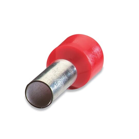 Polypropylene-Insulated Ferrule, Total Length .650 Inches/16.5mm, Pin Length .394 Inches/10mm, Pin Diameter .059 Inches/1.5mm, Base Diameter .118 Inches/3.0mm, Wire Range 18 AWG/1.00mm2, Color Red, Copper, Tin Plated