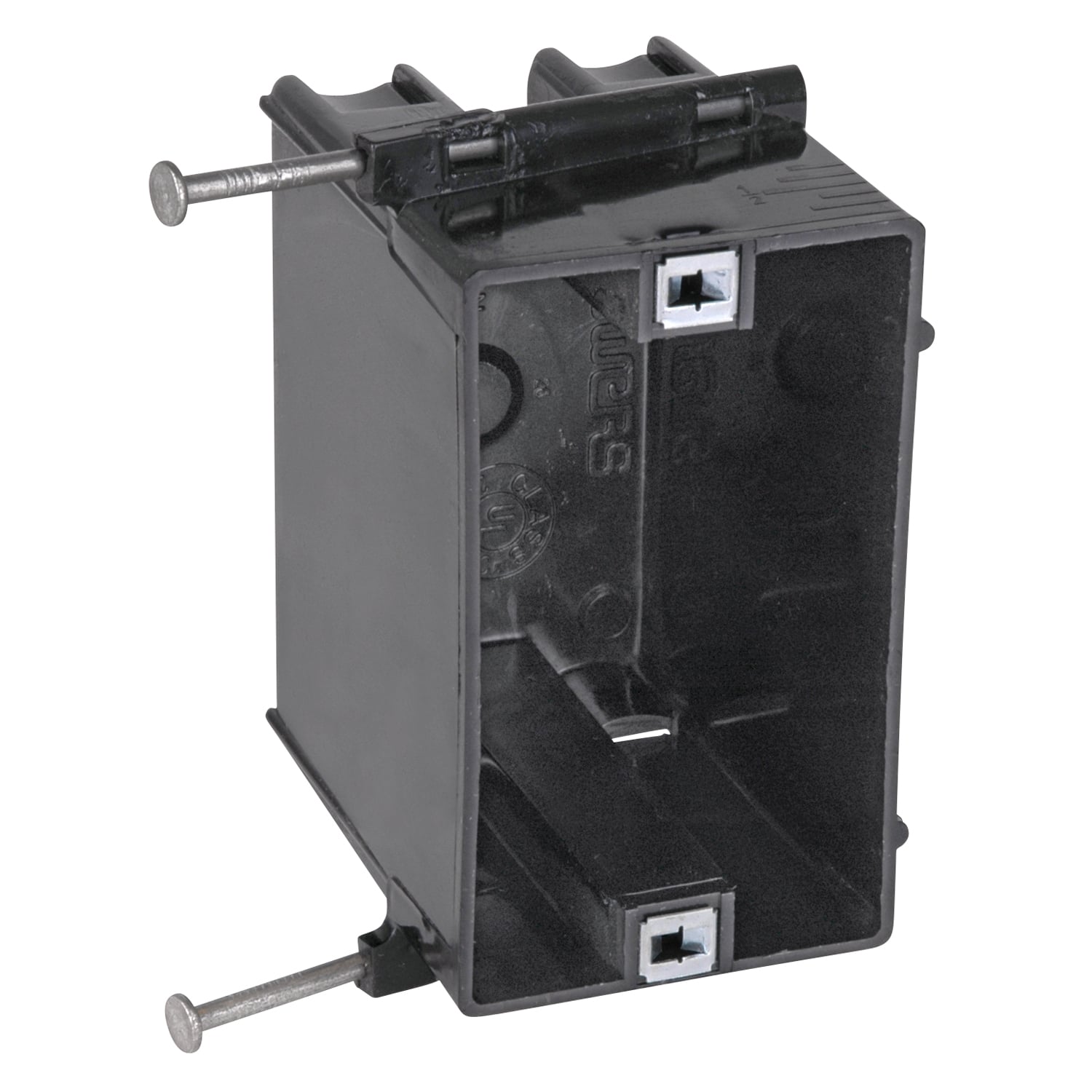Single-Gang Nail-On Outlet Box, Volume 18 Cubic Inches, Length 3-3/4 Inches, Width 2-1/4 Inches, Depth 2-7/8 Inches, Color Black, Material Polycarbonate, Mounting Means Angled Side Nails