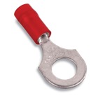 Nylon Insulated Ring Terminal, Length 1.10 Inches, Width .46 Inches, Maximum Insulation .136, Bolt Hole 5/16 Inch, Wire Range #22-#16 AWG, Color Red, Tin Plated