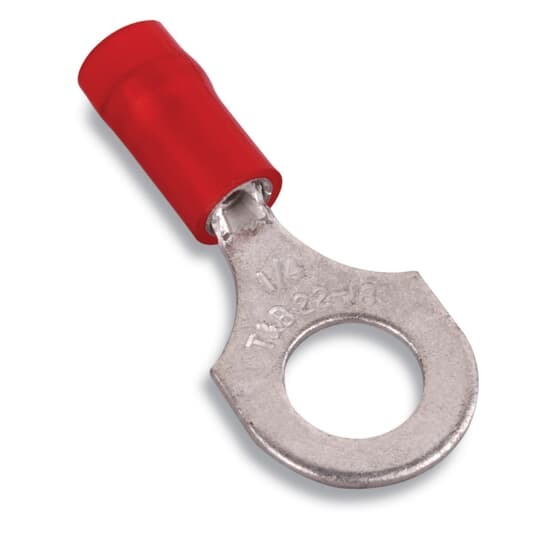 Nylon Insulated Ring Terminal, Length 1.10 Inches, Width .46 Inches, Maximum Insulation .136, Bolt Hole 5/16 Inch, Wire Range #22-#16 AWG, Color Red, Tin Plated