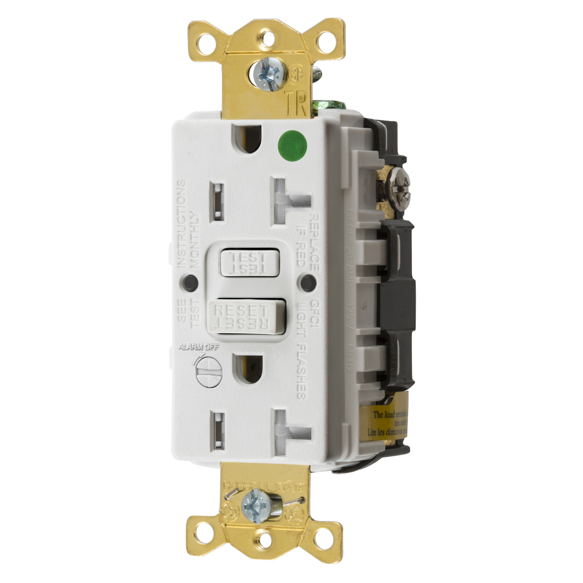 Power Protection Products, GFCIReceptacle, Self Test, Commercial Hospital Grade, Tamper Resistant, 20A125V, 2-Pole 3-Wire Grounding, 5-20R, Leaded, White, With Alarm